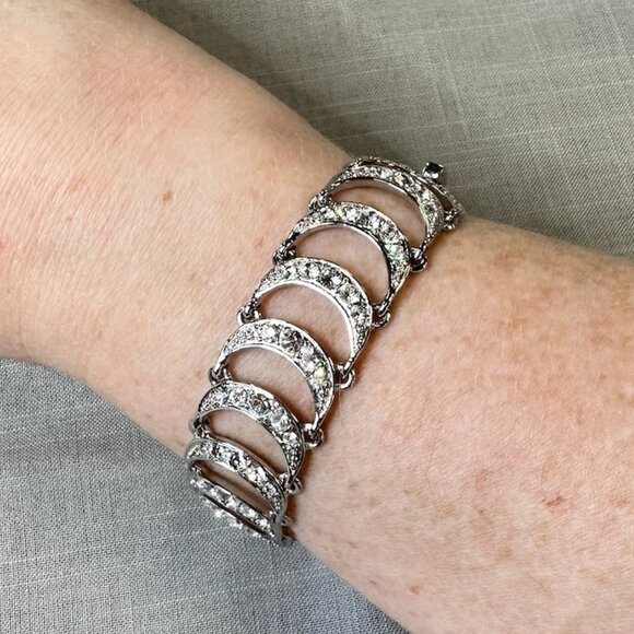 Vintage Monet Silver Tone Crescent Moon Rhinestone Bracelet - Picture 1 of 10